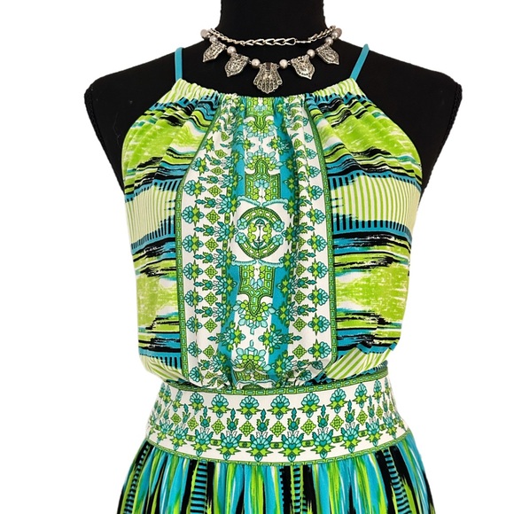 LONDON TIMES ~ Green and Yellow Lightweight Halter Top Sundress w/Key Hole Back - Picture 8 of 10